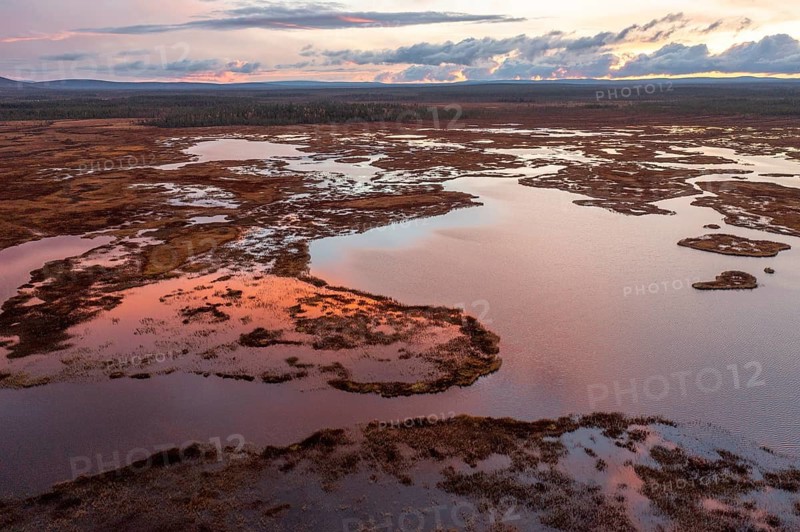 Sunset, drone shot, aerial view, lakes, moor landscape, Lapland, Finland