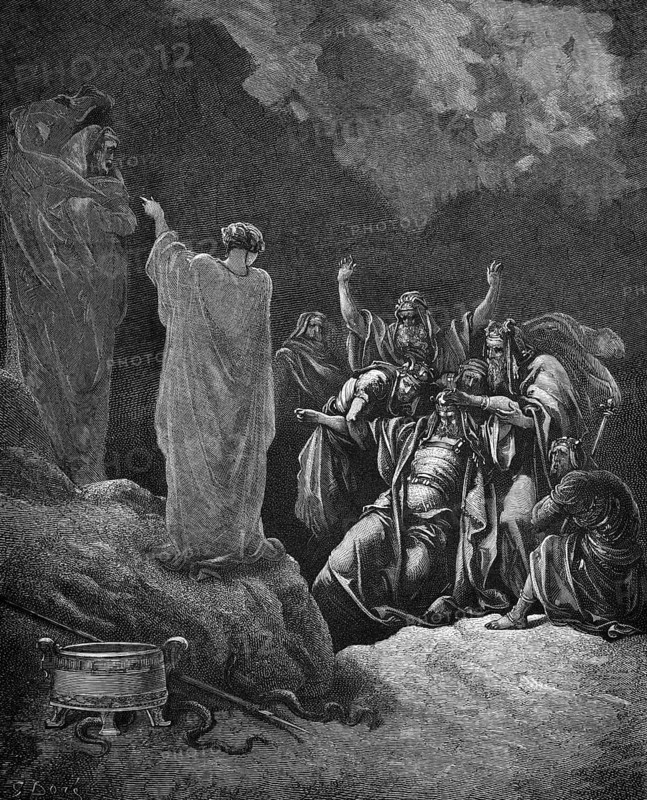 Saul and the Sabuness, a woman who can raise the dead, First Book of Samuel, chapter 28, verse 7, Bible, Old Testament, story, servants, mountain scene, death, bring to life, group, snake, cauldron, historical illustration based on Gustave Doré around 1880