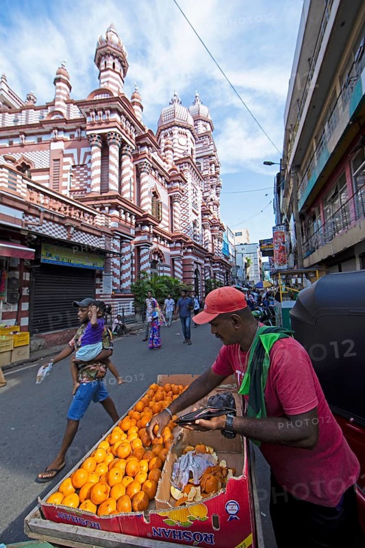 Street vendors sorting mandarins, behind the Red Mosque Jami Ul-Alfar, Colombo, Western Province, Sri Lanka