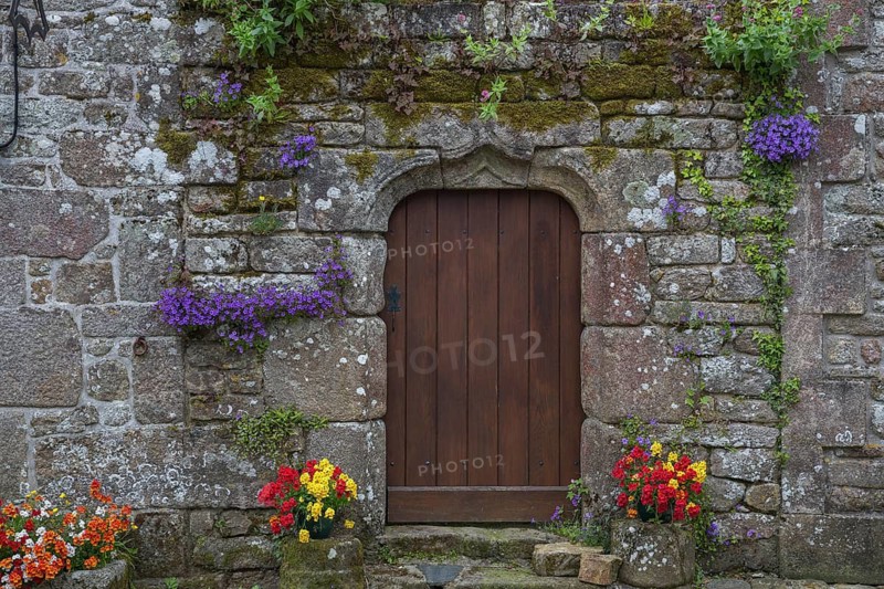 Backyard in Locronan village, Finistère department of Brittany in north-western France