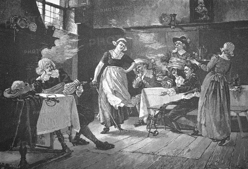 Invitation to battle, one of the woman in the inn has taken a musketeers' sword and jokingly challenges the men to battle, Historical, digitally restored reproduction from a 19th century original, c. 1890, Record date not stated