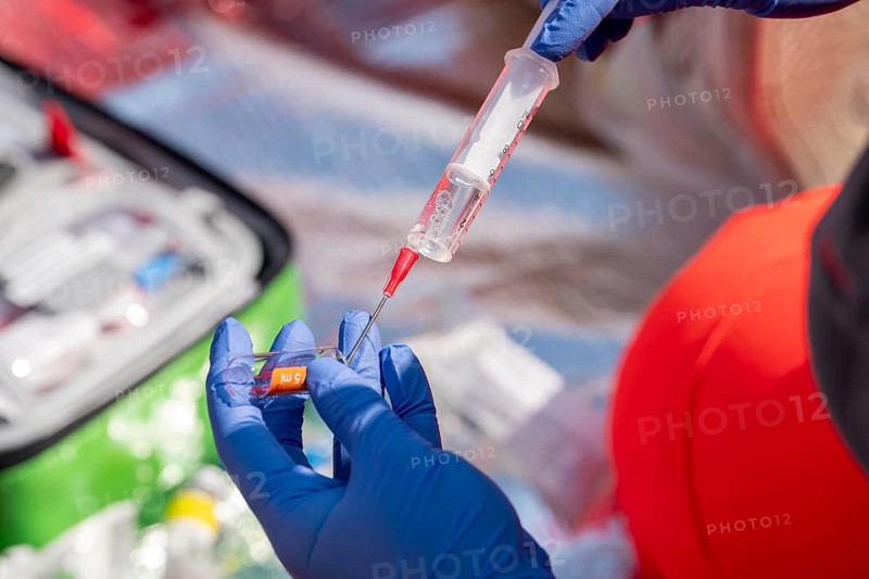 Emergency medicine, emergency doctor on duty at the scene of an accident, together with paramedics, painkillers being prepared for the patient, symbolic image, during an emergency exercise