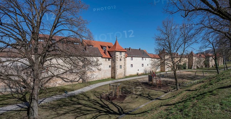 Medieval defence wall, 15th century, with moat, Weißenburg, Middle Franconia, Bavaria, Germany