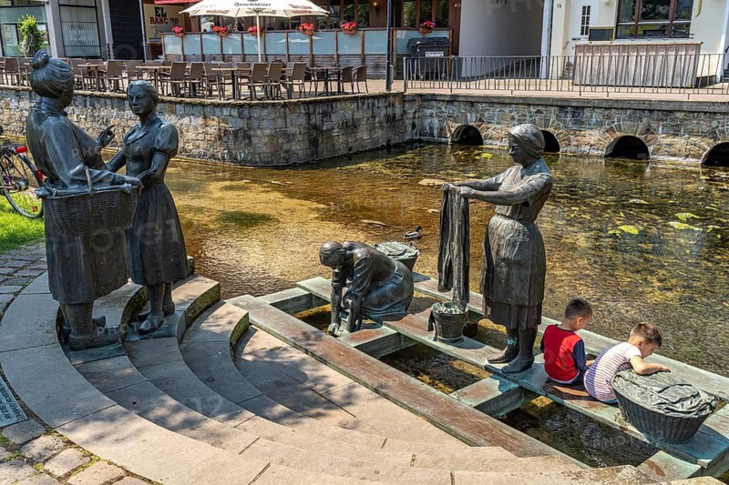 Sculpture Washerwomen at the Warm Pader in Paderborn, North Rhine-Westphalia, Germany