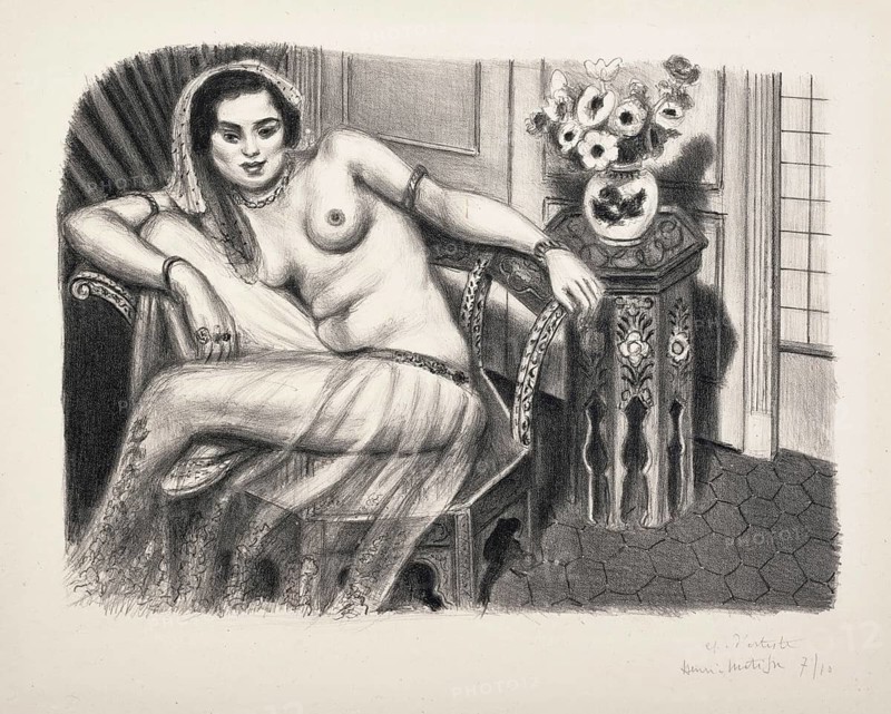 Henri Matisse, Henri Emile Benoit Matisse (born 31 December 1869, died 3 November 1954 in Cimiez), French painter, graphic artist, draughtsman, Classical Modernist. Here his work:, Hindoue a la jupe de tulle (1929), Hindu woman wearing a tulle skirt, Hinduin mit Tüllrock, Painting, Reproduction of the painting, Work of art, Historical, Nude of a woman in an armchair with flowers and oriental table decorations