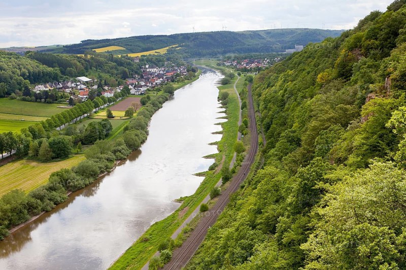 View from the Skywalk on River Weser, Beverungen, Weser Uplands, North Rhine-Westphalia, Germany
