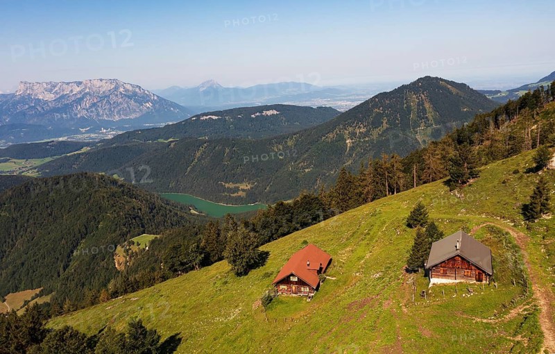 Drone image, Eibleckalm with Untersberg and Wiestalstausee, Eibleck, Osterhorngruppe, Salzkammergut, Land Salzburg, Austria