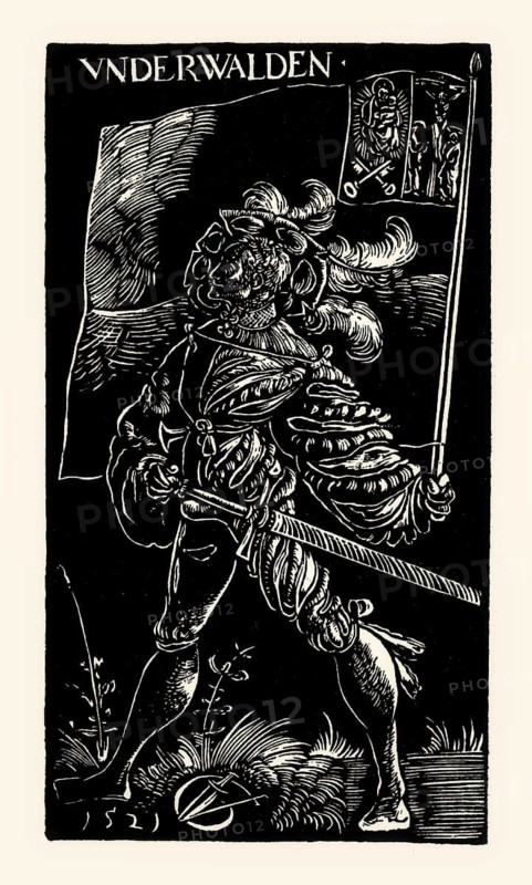Standard bearer of Unterwalden, white-line woodcut by Urs Graf, 1521, facsimile of the 19th century