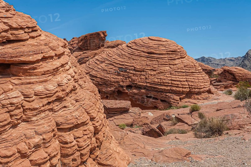 Beehive shaped red Aztec sandstone rock formations in the Valley of Fire State Park in Overton, Nevada, USA