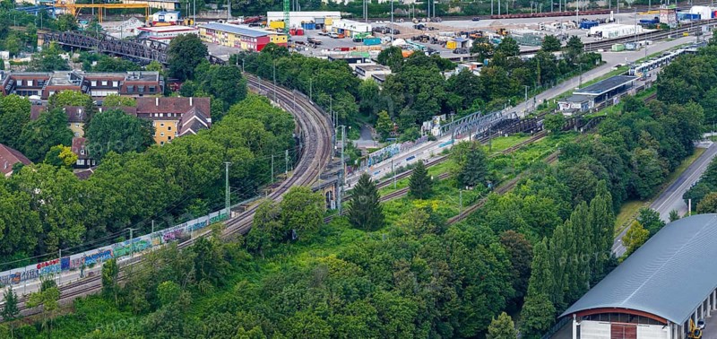 Stuttgart North Station with railway bridges. Junction of the railway line in the direction of the Panoramastrecke and Gäubahn. Aerial view. Stuttgart, Baden-Württemberg, Germany