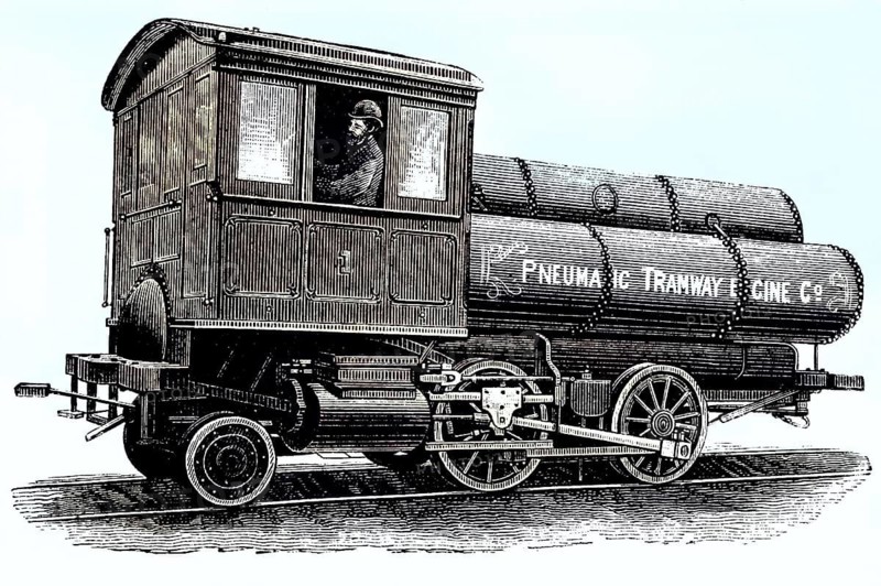 Locomotive for operation with compressed air according to the system of Robert Hardie, coloured wood engraving, reproduction of a model from ca 1888, historical, steam-powered locomotive with engineer, illustrates industrial technology