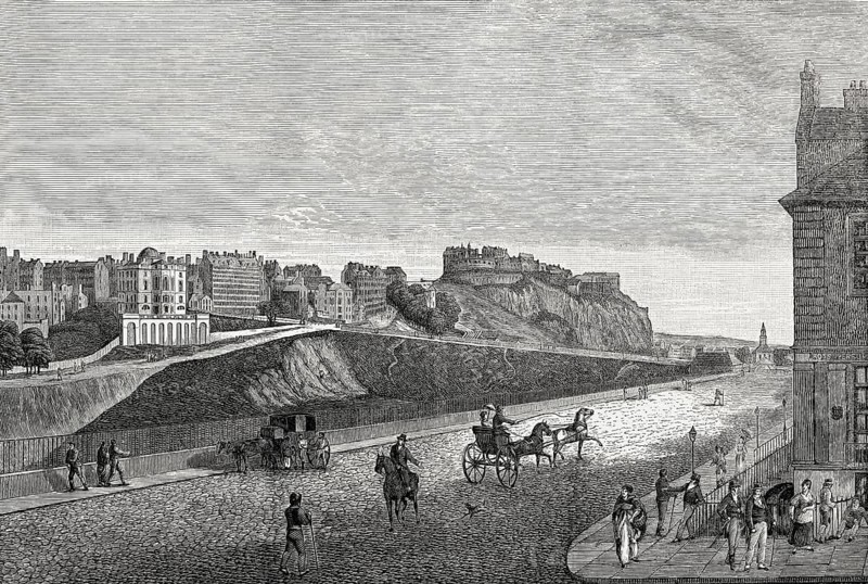 View of the Castle, Ramsay Gargens, Bank of Scotland and Eastern Mould from Pinces Street, Edinburgh, Scotland, 19th century
