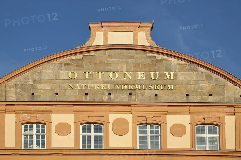 Roof with golden inscription from the baroque Ottoneum built in 1606, Natural History Museum, golden, Kassel, Hesse, Germany