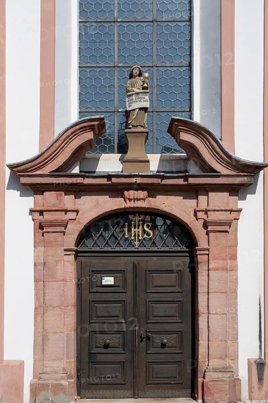 Entrance portal of the parish church of St. John the Baptist, built in 1475 as a Gothic church, baroqueised from 1732 to 1755, Hiltpoltstein, Middle Franconia, Bavaria, Germany