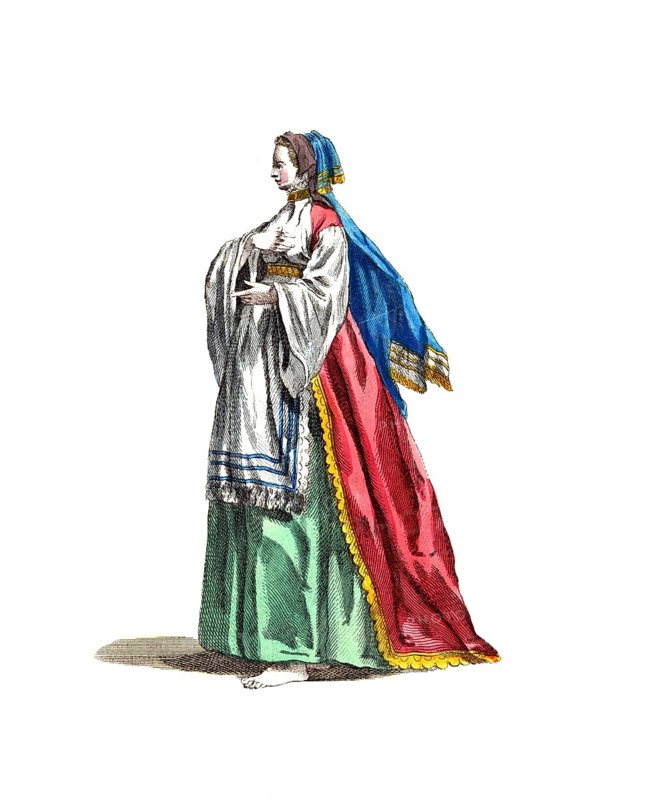 Historical dress, fashion over time, Traditional dress of a lady from Ischia, an island in the Gulf of Naples, around 1700, Italy, digitally restored reproduction of an 18th/19th century model, exact date unknown, Elegant woman in traditional dress with red cape and blue-green decoration