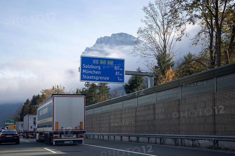Sign on the A12 motorway in Austria near Kufstein shows the distances to Munich, Salzburg and the state border between Germany and Austria. Random checks were carried out at the border