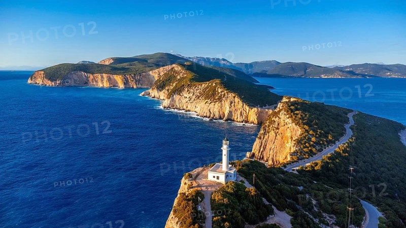 Aerial drone view of the Lighthouse or Cabo Ducato Lefkas in the southern area of the island of Lefkada. Greece