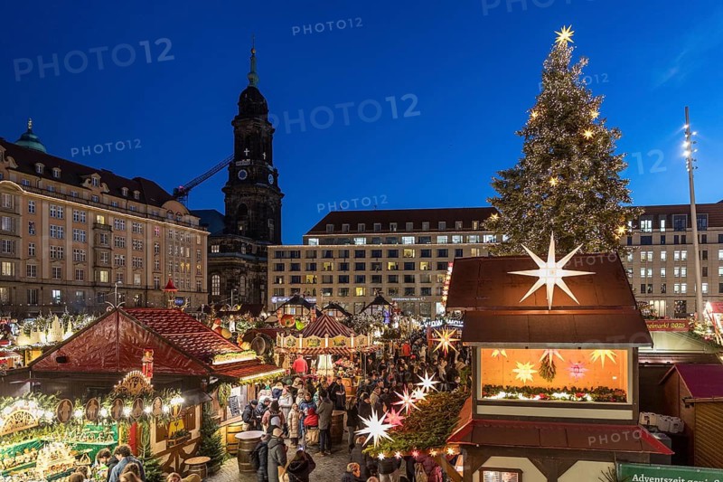 Christmas tree at the Striezelmarkt Christmas market on the Altmarkt in Dresden, in the background the Kreuzkirche, Saxony, Germany
