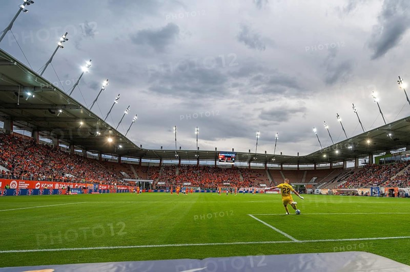 LUBIN, POLAND - JULY 23, 2023: Football match Polish PKO Ekstraklasa between KGHM Zaglebie Lubin vs Ruch Chorzow 2:1. Aerial view at the stadium and goalkeeper kicks the ball.