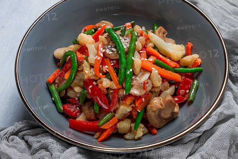 Wok, Asian-style vegetables, street food, mixed vegetables, no people, top view