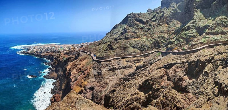 Coast with winding road along the ocean and impressive cliffs, Ponta do Sol in the background, hiking, Santo Antao, Cabo Verde, Cape Verde, Cape Verde
