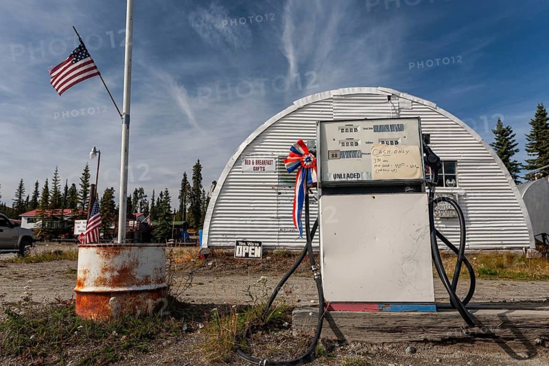 Petrol pump, very simple American petrol station, wilderness, Denali Highway, Alaska, USA