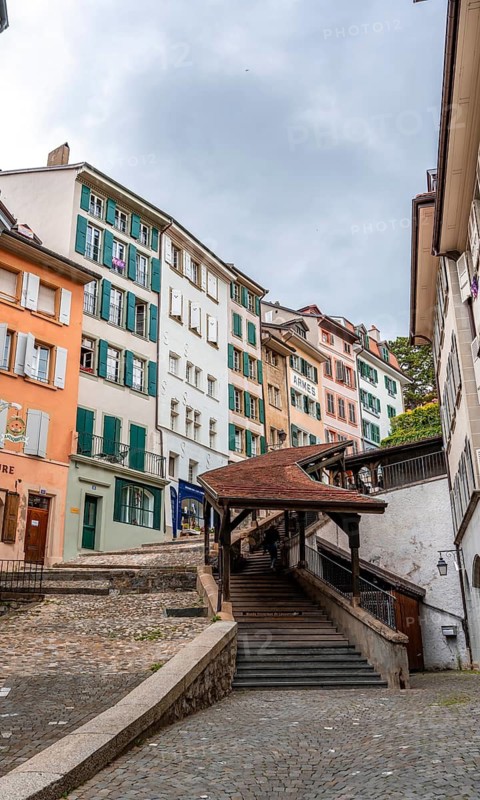 Covered staircase Escaliers du Marché and historic houses in the old town, Lausanne, Vaud, Switzerland