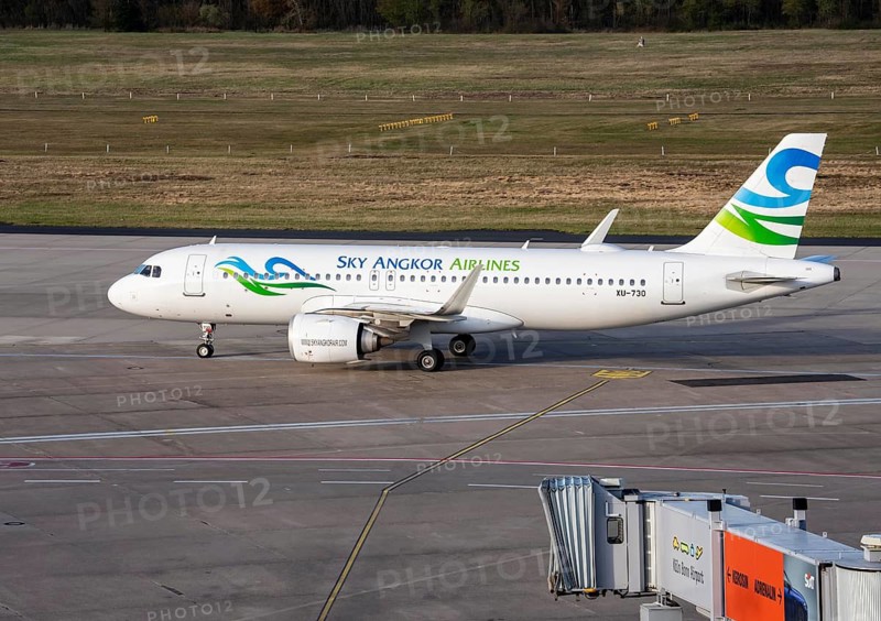 Sky Angkor Airlines, Airbus A320neo after landing at Cologne/Bonn airport, on the taxiway to the terminal, Cambodian Airlines works here as a sub-charter for Armenian Airlines flights from to Yerevan, due to flight restrictions, North Rhine-Westphalia, Germany