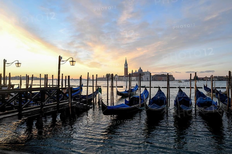 Venetian gondolas near St. Mark's Square in the morning light, in the background the monastery of San Giorgio Maggiore, district of San Marco, Venice, Veneto region, Italy