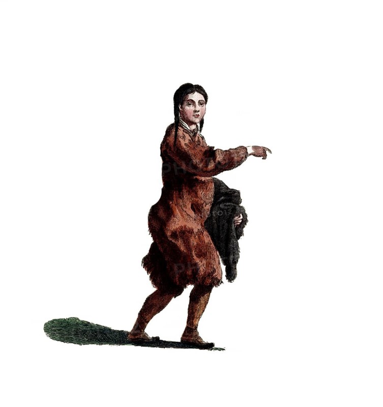 Historical clothing, fashion over time, The traditional costume of a Chukchi woman in Siberia, which was subordinated to Russia in 1768, digitally restored reproduction of an 18th/19th century model, exact date unknown, man in brown clothing in a calm, thoughtful pose