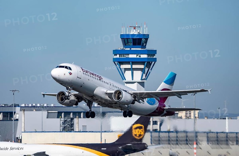 Eurowings Airbus taking off from Cologne-Bonn Airport, CGN, Air Traffic Control Tower, North Rhine-Westphalia, Germany