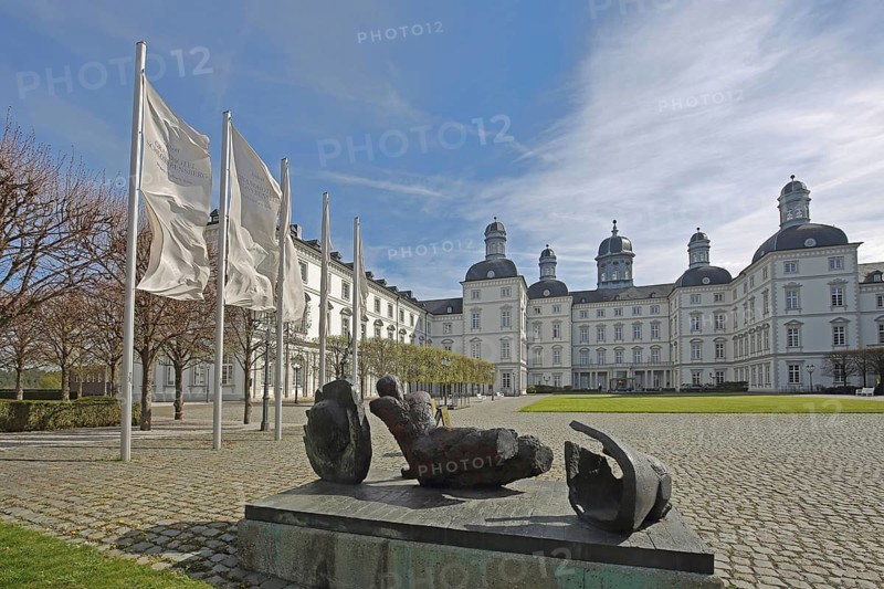 Baroque castle, grand hotel and sculpture The Warrior by Markus Lüpertz 1993, modern art, Bensberg, Bergisch Gladbach, Bergisches Land, North Rhine-Westphalia, Germany