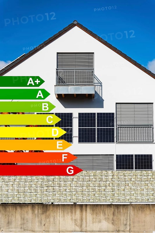 Solar panels on a house wall of a detached house in Aachen, energy efficiency classes according to the GEG, Aachen, Germany