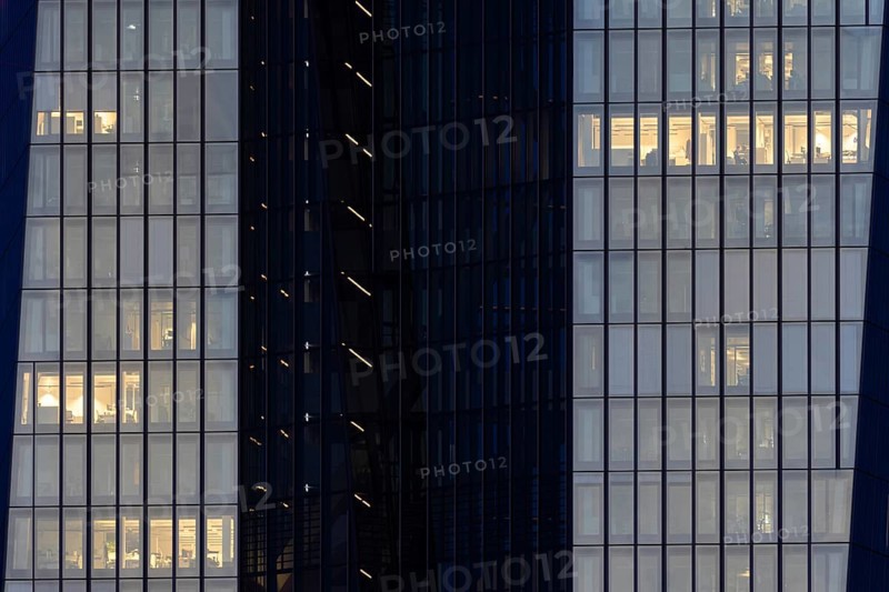 In some rooms of the European Central Bank (ECB) in Frankfurt am Main, Frankfurt am Main, Hesse, Germany, lights are still on in the evening