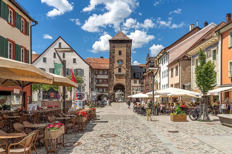 Pedestrian zone Rietstrasse and the Riettor in Villingen-Schwenningen, Black Forest, Baden-Württemberg, Germany
