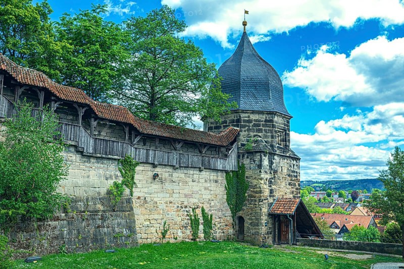 Historic town wall with battlements and witches' tower in Kronach, Germany
