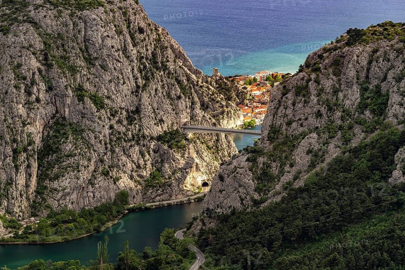 View of the Cetina Gorge with the river Cetina and the town of Omis, Croatia