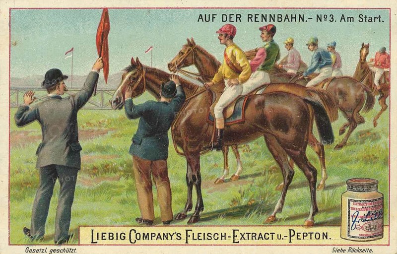 Picture series At the racecourse, At the start, Liebig picture, digitally restored reproduction of a collector's picture from around 1900, public domain, exact date unknown, jockeys ride horses to the starting point, a man holds up a flag