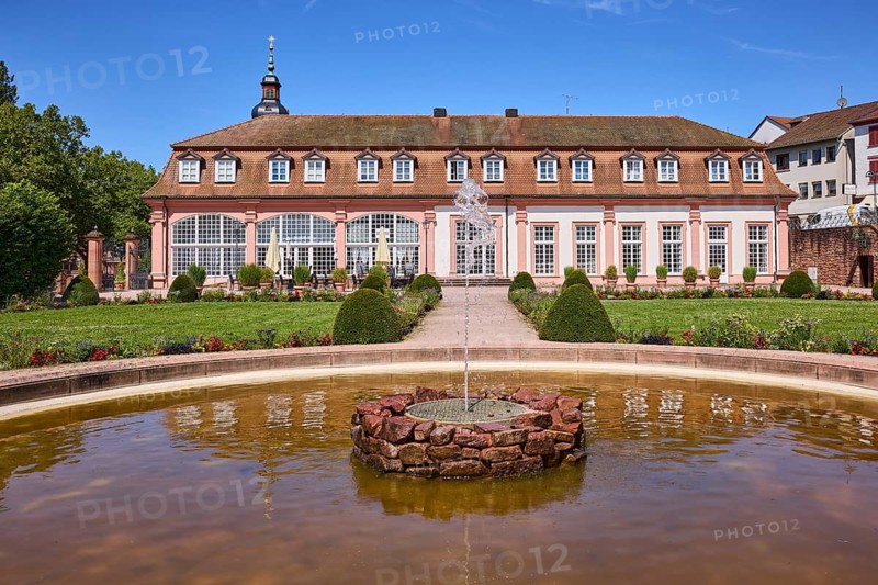 Pleasure garden, orangery, fountain, park, garden with lawn, flowerbeds, path, blue sky, Erbach, Odenwald, Odenwaldkreis, Hesse, Germany