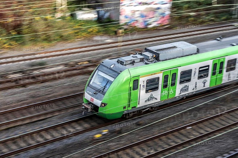 S-Bahn train on the route east, in front of Essen main station, regional transport in North Rhine-Westphalia, Germany