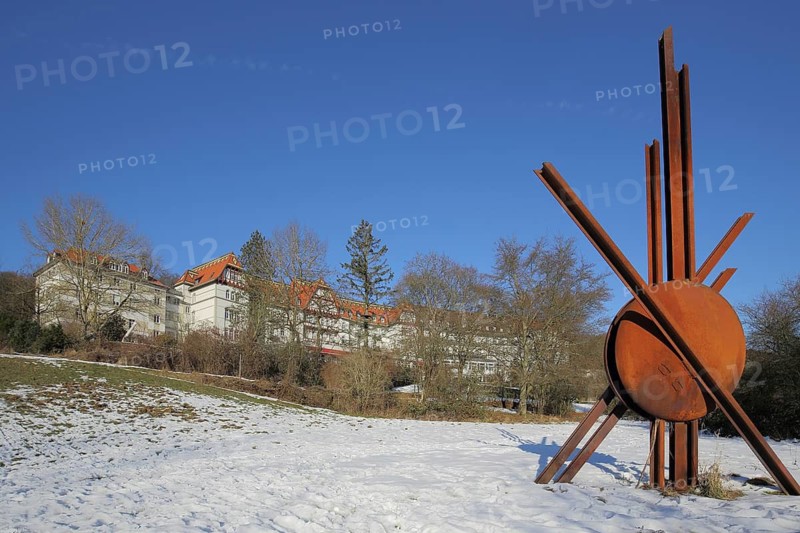 Metal sculpture, rusty steel bars, modern art, abstract art, winter, snow, Hotel Restaurant Zauberberg, Ruppertshain, Taunus, Hesse, Germany