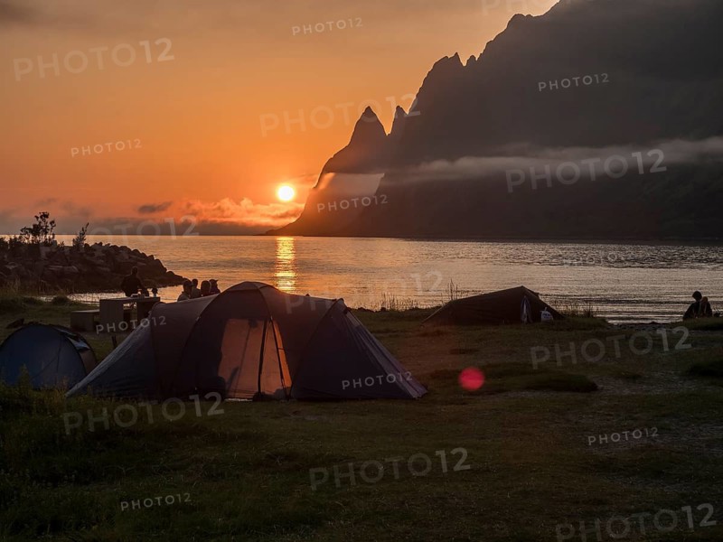 Sunset at beach Ersfjordstranden, fjord Ersfjord, Senja island, Troms, northern Norway, Norway