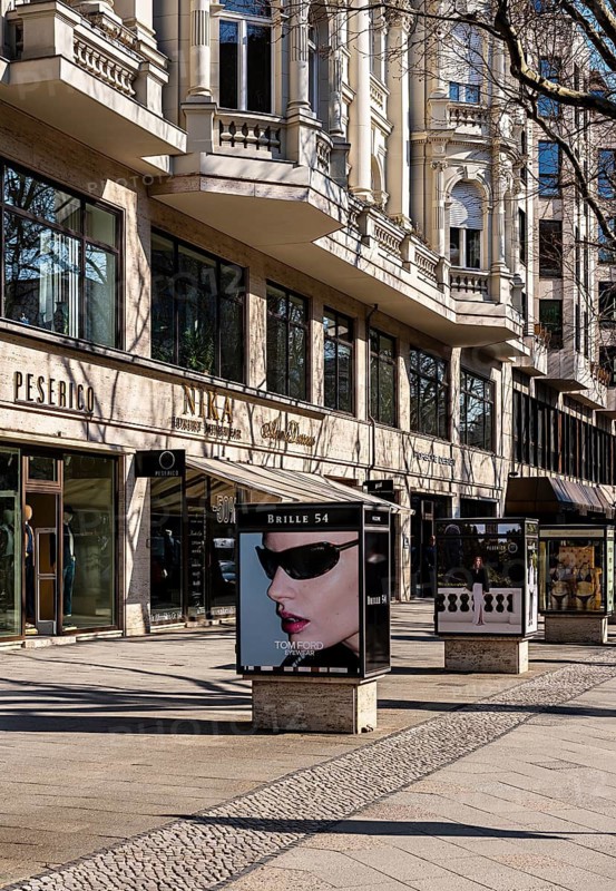 The typical and partly historic display cases for advertising along Boulevard Kurfürstendamm, Berlin, Germany