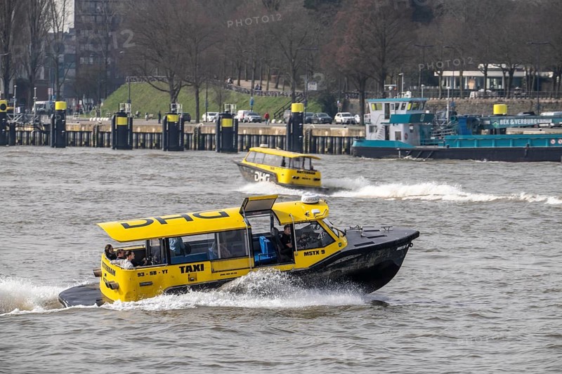 Water taxi, water taxi on the Nieuwe Maas, taxi rides on the river with small speedboats, individual public transport, around 50 stops, the water taxis run on request, via app, to Rotterdam, the Netherlands