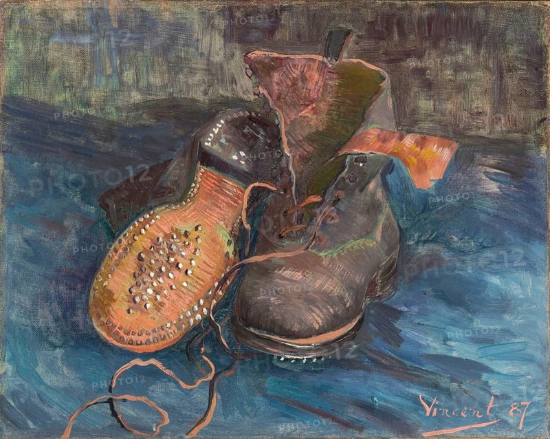 A Pair of Boots (1887), Painting by Vincent Willem van Gogh (born 30 March 1853 in Groot-Zundert, died 29 July 1890 in Auvers-sur-Oise), Dutch painter and draughtsman, one of the founders of modern painting, Illustration, Reproduction from a painting. Authentic, exact date of original unknown, Historical, A pair of worn boots lying on a dark floor, depicted in an impressionistic style