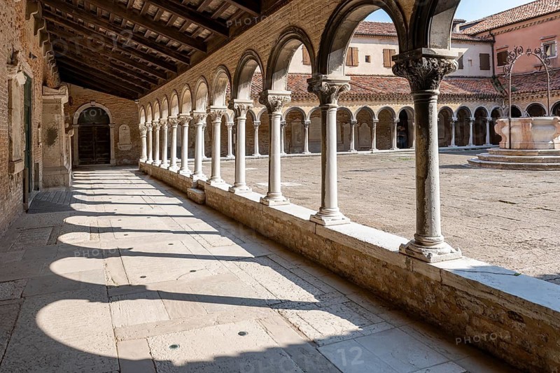 Cloister with tombs, church Chiesa di San Michele in Isola, cemetery island of San Michele, Venice, Italy