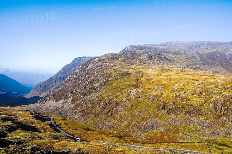 Autumn colours of Pen-y-Pass over Miner's Track, Start Point and road A4086, Snowdonia, Wales, UK