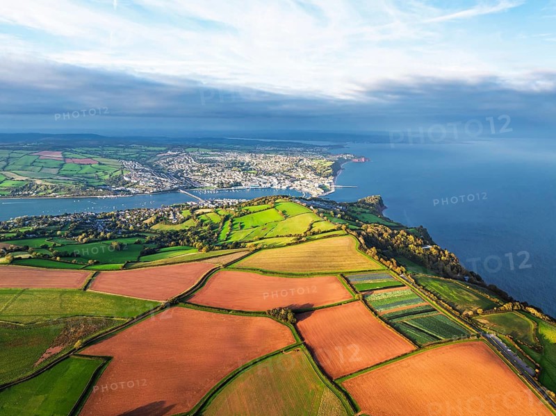Colours of autumn Fields and Farms over Sheldon from a drone, Torbay, Devon, England, United Kingdom