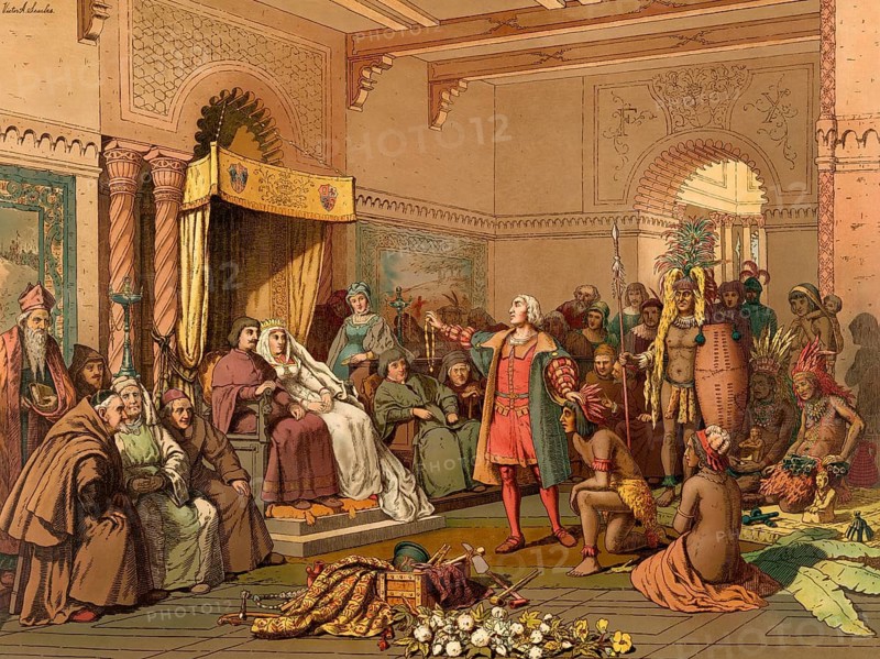 Christopher Columbus standing before King Ferdinand and Queen Isabella on his return to Spain, digitally optimized
