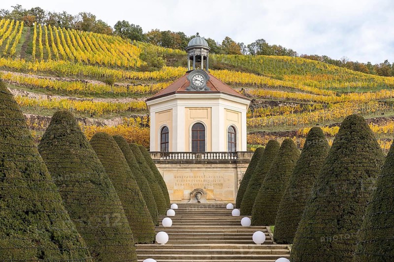Belvedere of Wackerbarth Castle with Jacobstein and autumn-coloured vineyards, Radebeul, Saxony, Germany